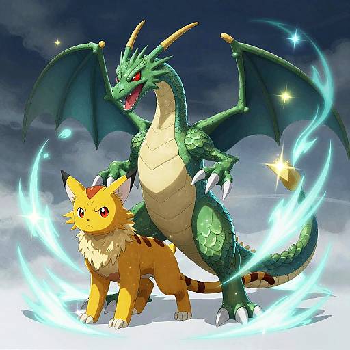 Digital art of a green dragon with wings and scales standing behind a yellow, cat-like creature, both surrounded by glowing blue energy in a cloudy night sky