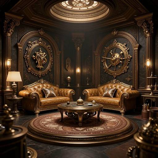 Luxurious, dark-themed living room photograph featuring ornate gold couches, circular rug, gold-framed wall art, and warm, glowing lamps.