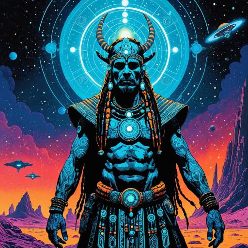 Techno Shaman with Bioluminescent Tattoos in Cosmic Landscape