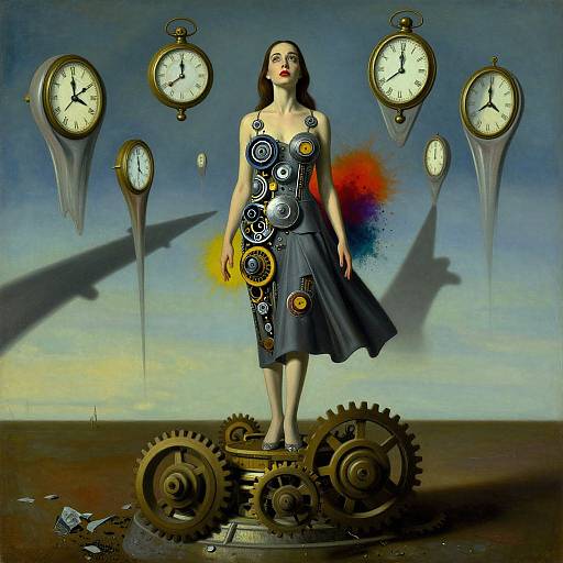 Digital surrealism: Pale woman in black dress with clock patterns stands on gears, surrounded by floating clocks, shadowed, with colorful splatter.