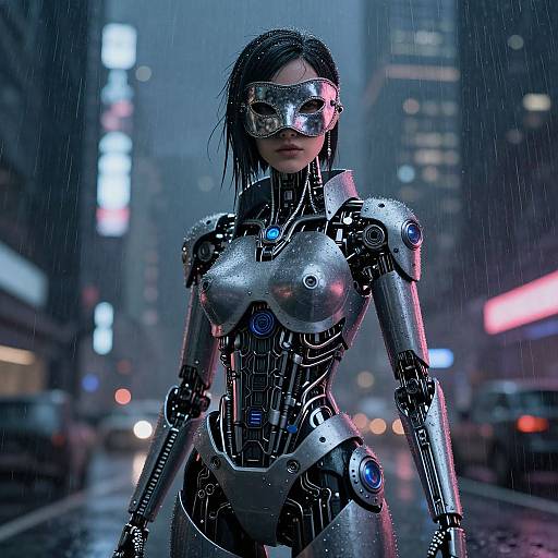 CGI cyberpunk image of a silver robot woman with blue lights, wearing a reflective mask, standing in a rainy city street. Neon lights and blurred