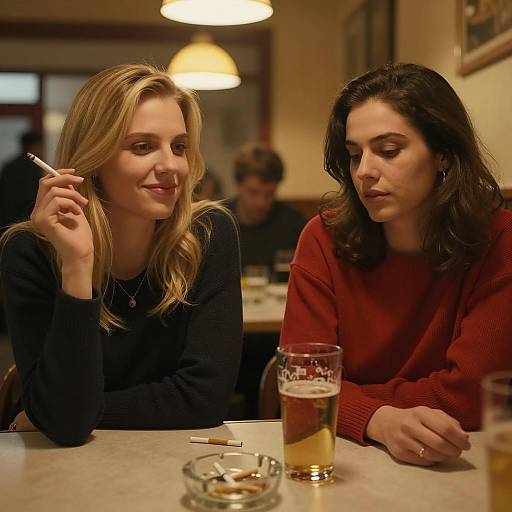 Two Women Smoking and Drinking at Restaurant Table