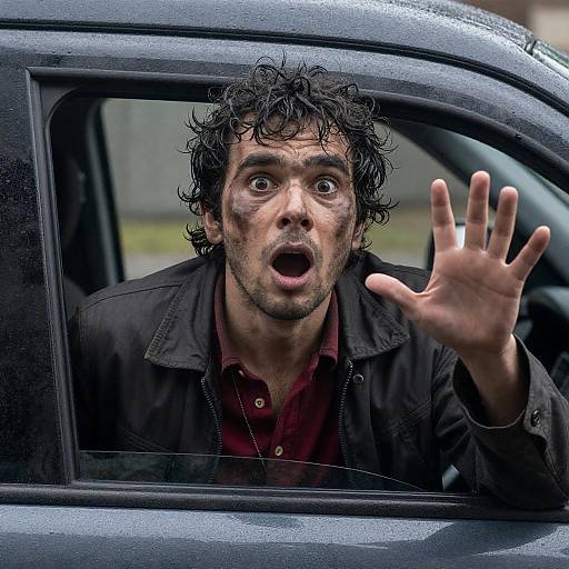 Shocked Man Leaning from Rainy Car