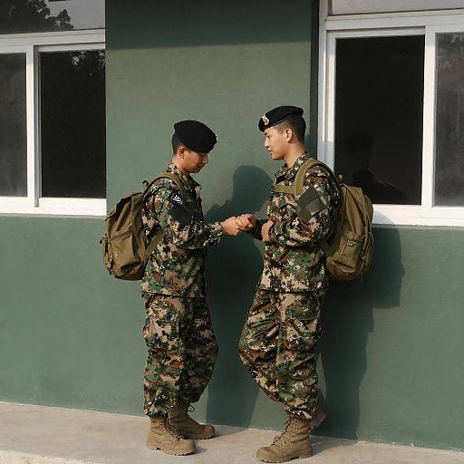 Two Soldiers in Camouflage Uniforms Standing Outside Building