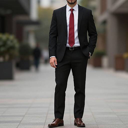 Photograph of a bearded man in a black suit, white shirt, red tie, and brown shoes, standing on a city sidewalk.