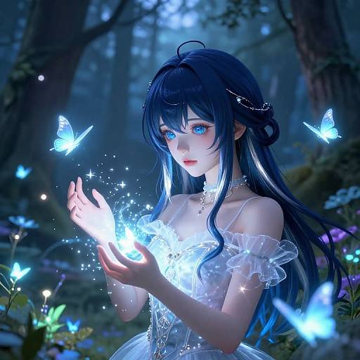 Digital anime artwork of a blue-eyed, long-haired girl in a glowing, ethereal dress, holding a radiant blue light, surrounded by glowing butterflies in
