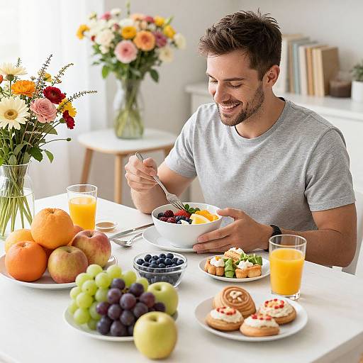 Smiling Man's Colorful Fruit Breakfast
