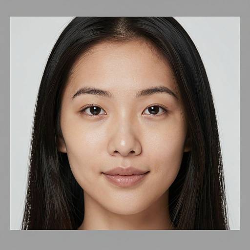 Photorealistic portrait of a young Asian woman with long black hair, smooth light skin, small nose, full lips, and brown eyes, against a