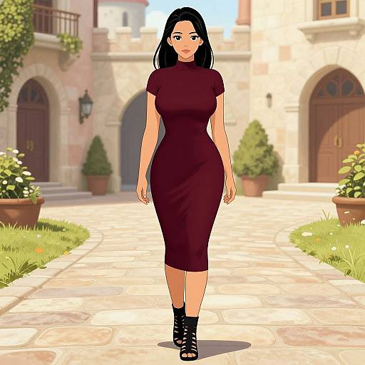 Digital anime-style image of a black-haired woman in a form-fitting, short-sleeve, dark red dress, standing on a stone pathway in