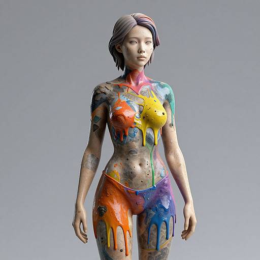 Photorealistic digital art of a nude woman with short, grayish hair, covered in colorful paint splatters, standing against a gray background.