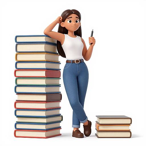 3D cartoon woman with long brown hair, white tank top, blue jeans, brown shoes, holding pen, leaning on stack of colorful books.