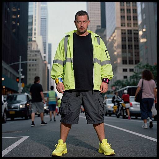 Photograph of a serious, muscular man in a neon yellow jacket, black shirt, gray shorts, and yellow sneakers, standing in a bustling city street