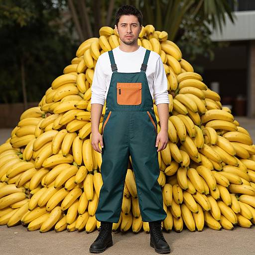 Photograph of a serious, bearded man in green overalls and white shirt, standing in front of a large pile of yellow bananas.