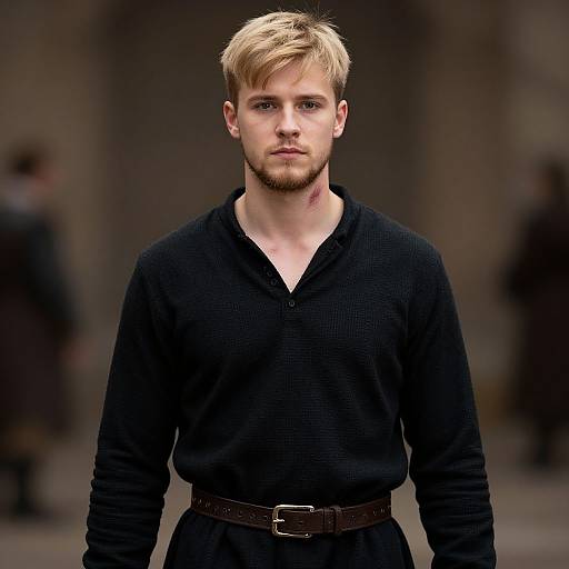 Photograph of a blond, bearded man with fair skin, wearing a black, long-sleeved, button-up shirt and brown belt, standing
