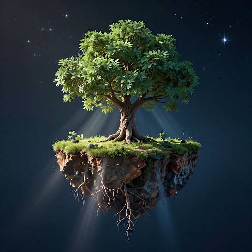 CGI image of a floating tree with lush green leaves, visible roots, and grassy soil, illuminated by starry blue night sky.