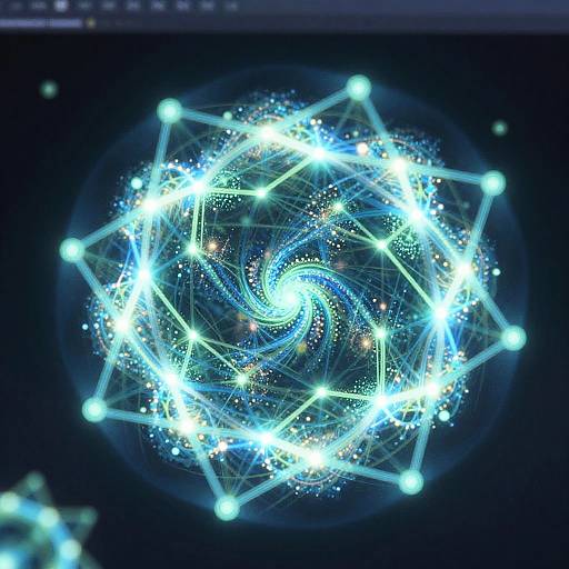 Digital art of a glowing, blue and white, interconnected starburst pattern on a dark background, resembling a swirling galaxy or network.
