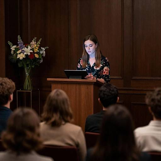 Young Woman Reading at a Podium