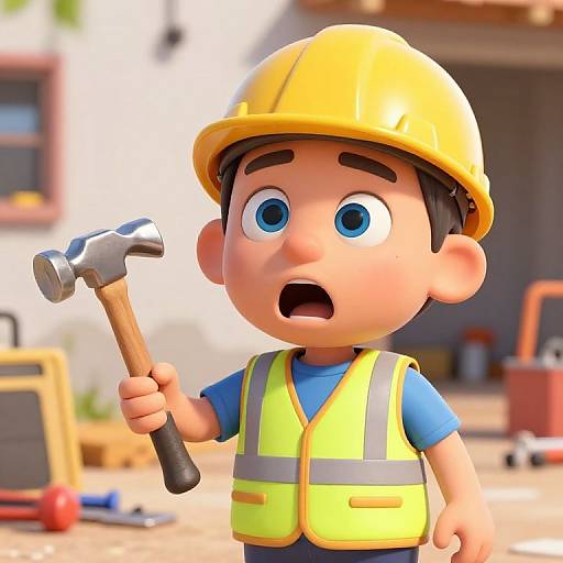 Cartoon-style 3D image of a surprised young construction worker in a yellow helmet and neon vest, holding a hammer. Background shows blurred construction tools