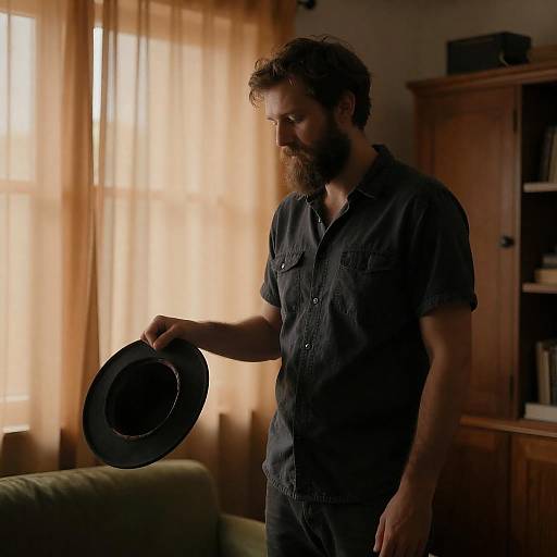 Bearded Man Holding Black Hat Indoors