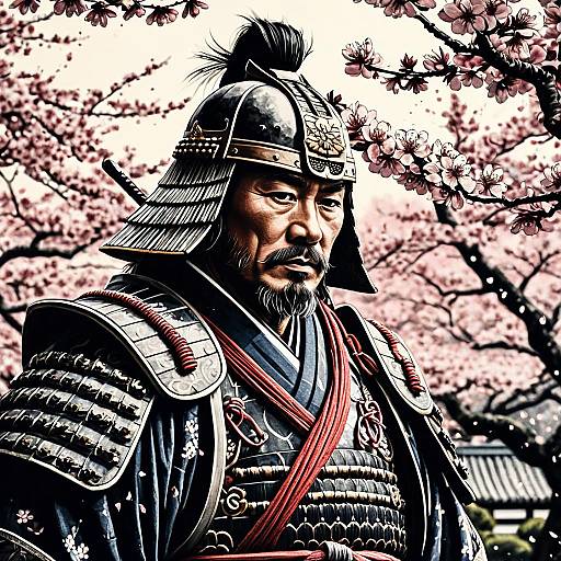 Ancient Samurai in Cherry Blossom Garden