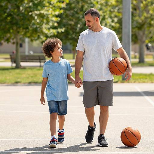 Photograph of a smiling father and son holding hands, walking in a sunny park, father carrying a basketball, son wearing a light blue shirt and denim