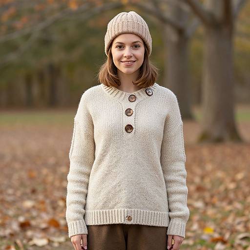 Photograph of a smiling young woman with light skin and brown hair, wearing a beige knit hat and cream sweater with buttons, standing in an autumn forest