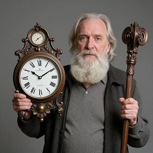 Elderly Man Holding Ornate Clock