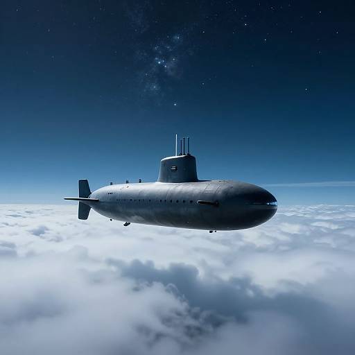 Photograph of a sleek, silver submarine floating above a sea of fluffy white clouds under a starry, deep blue night sky.