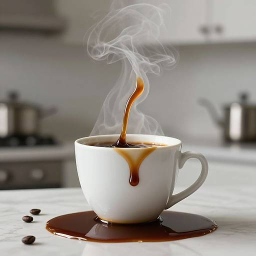 Photograph of a white ceramic cup on a white countertop, steaming with coffee pouring in, creating a brown puddle below.