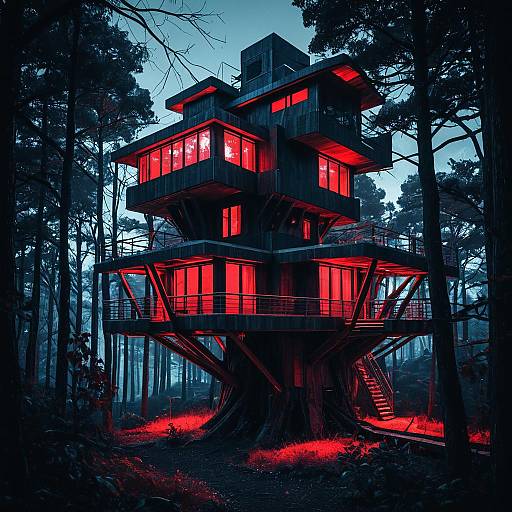 Futuristic Treehouse with Red Glow