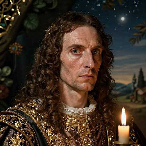 Photograph of a stern-faced, long-haired man in ornate, gold-embroidered medieval attire, illuminated by a candle, against a star