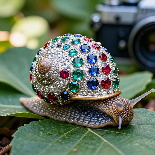 Close-up photograph of a colorful, gemstone-encrusted snail on a green leaf, with a blurred vintage camera in the background.