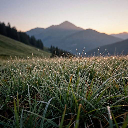Photograph of dew-covered grass in a meadow at sunrise, with distant mountains and a soft, golden sky in the background.