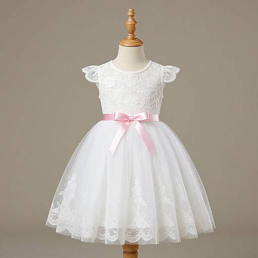 Photograph of a white lace dress with short sleeves, pink satin ribbon belt, and full tulle skirt, displayed on a wooden dress form against a