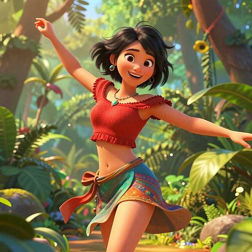 Digital 3D cartoon of a smiling Asian woman with black bob hair, red crop top, and colorful skirt, dancing in a sunlit jungle.