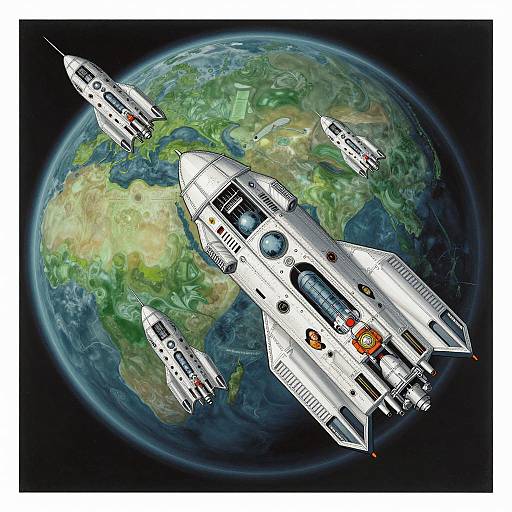 Futuristic Spaceships Orbiting Green Planet