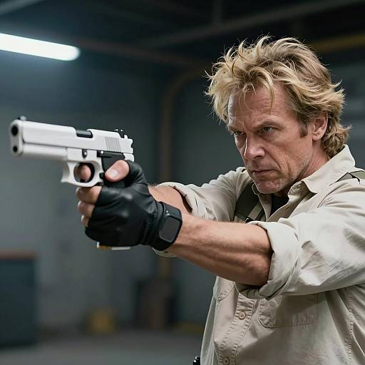 Intense Middle-Aged Man Aiming a Handgun