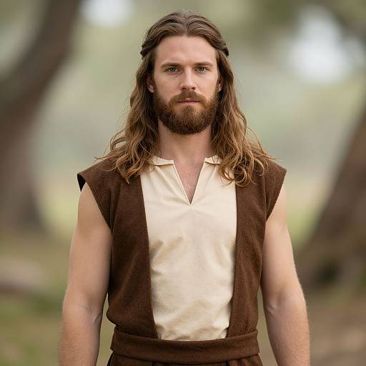 Photograph of a bearded man with long brown hair, wearing a sleeveless brown tunic over a cream shirt, standing in a blurred forest background