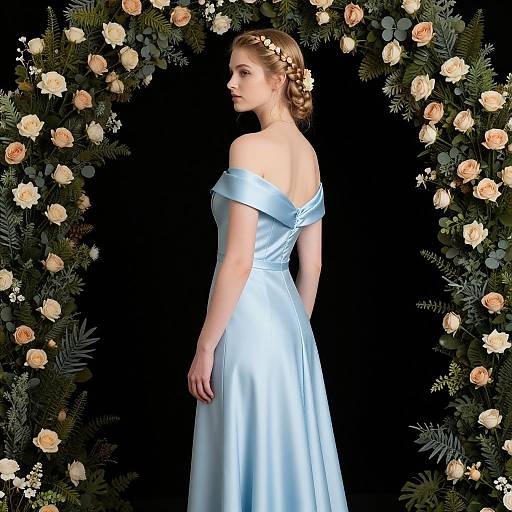 Photograph of a fair-skinned woman with braided hair, wearing an off-shoulder light blue satin dress, standing before a floral archway