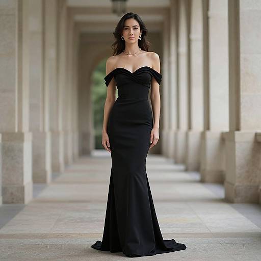 Photograph of a beautiful woman with dark hair, wearing an off-shoulder, black, form-fitting evening gown, standing in a colonn
