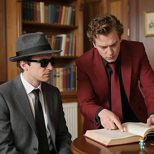 Two Men Discussing a Book in Wooden Library