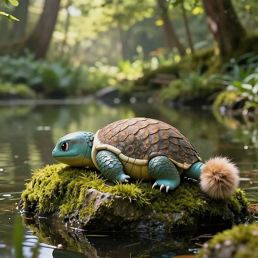 Photorealistic digital art of a blue, turtle-like Pokémon with a brown shell and fluffy tail, resting on mossy rock in a sunlit forest