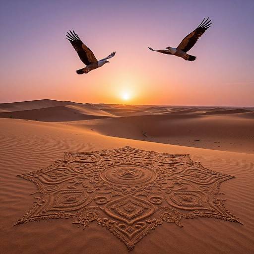 Photograph of two birds flying over a desert sunset, with an intricate mandala pattern etched into the sand in the foreground.