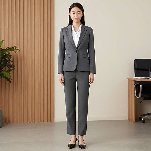 Photograph of an Asian woman with straight black hair, wearing a gray blazer, white shirt, and gray pants, standing in a modern office with