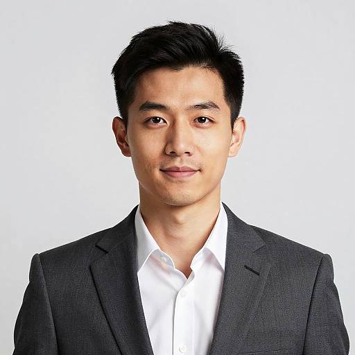 Photograph of an Asian man with short black hair, wearing a dark gray suit and white shirt, smiling slightly against a plain white background.