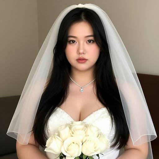 Photograph of an Asian bride with long black hair, wearing a white veil, strapless white wedding dress, and holding white roses, with a neutral