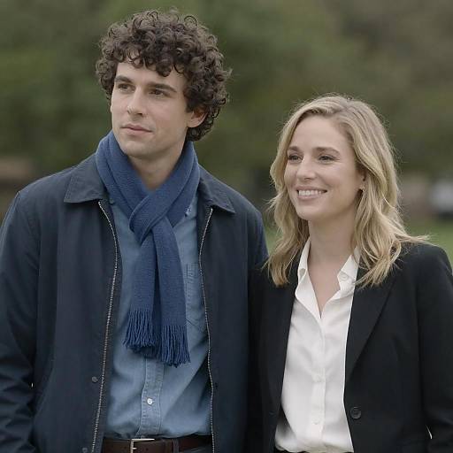 Photograph of a curly-haired man in a blue scarf and black jacket, standing beside a smiling blonde woman in a white shirt and black blazer,