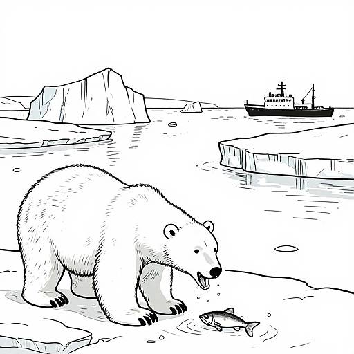 Black and white line drawing of a polar bear eating a fish on an icy sea, with icebergs and a ship in the background.