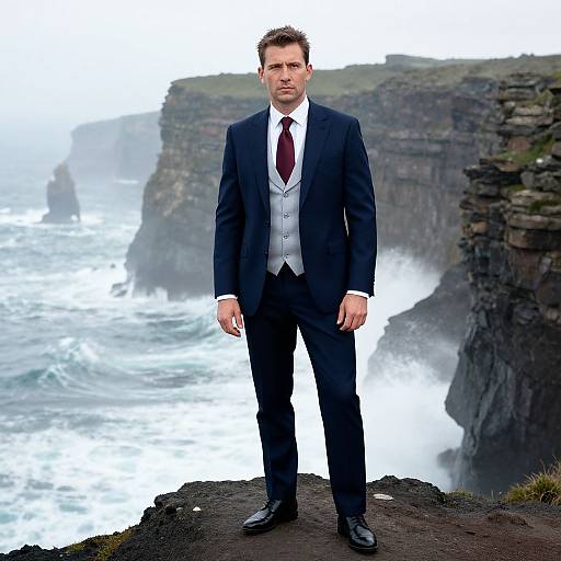 Man in Tailored Suit on Cliffs