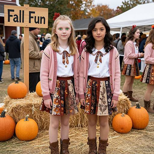 Photograph of two young girls with white shirts, floral skirts, pink cardigans, and brown boots, standing in front of hay bales and pump